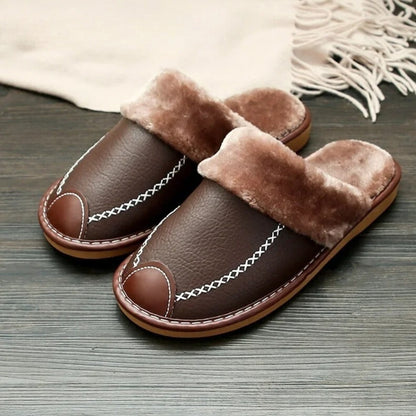 Gentleman's Retreat: Luxe Fleece-Lined PU Leather Winter Slippers