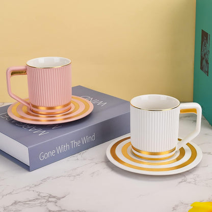 Elegant Sip: Ceramic Coffee Mug with Gold-Tinted Saucer