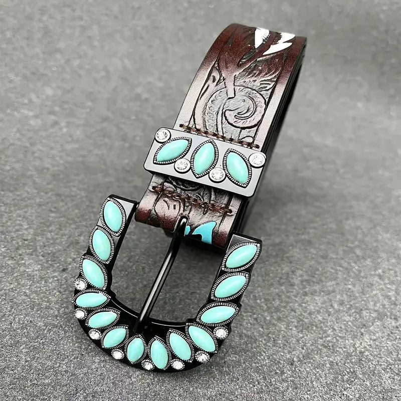 Western Spirit Embossed Belt with Turquoise Accents