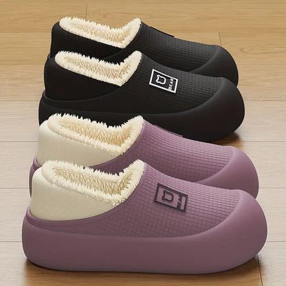 Plush-Lined Waterproof Slippers with Thick Sole
