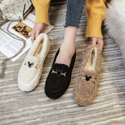 Luxurious Fleece-Lined Buckle Moccasins - Women's Cozy Autumn/Winter Loafers