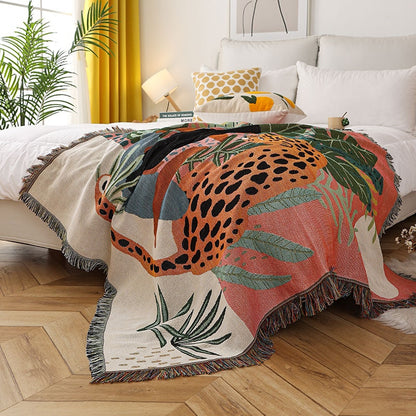 Jungle Allure: Leopard & Woman Inspired Double-Sided Cotton Blend Throw – A Bohemian Twist to Comfort