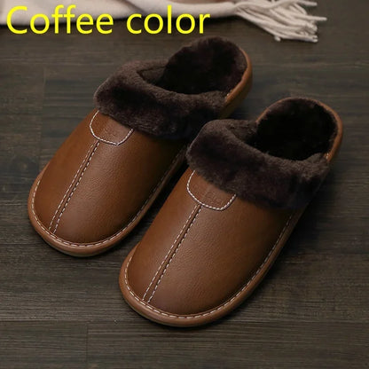 Gentleman's Retreat: Luxe Fleece-Lined PU Leather Winter Slippers