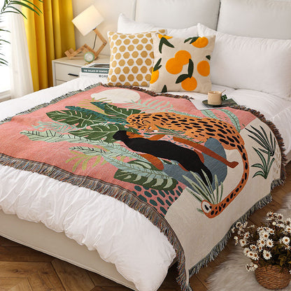 Jungle Allure: Leopard & Woman Inspired Double-Sided Cotton Blend Throw – A Bohemian Twist to Comfort