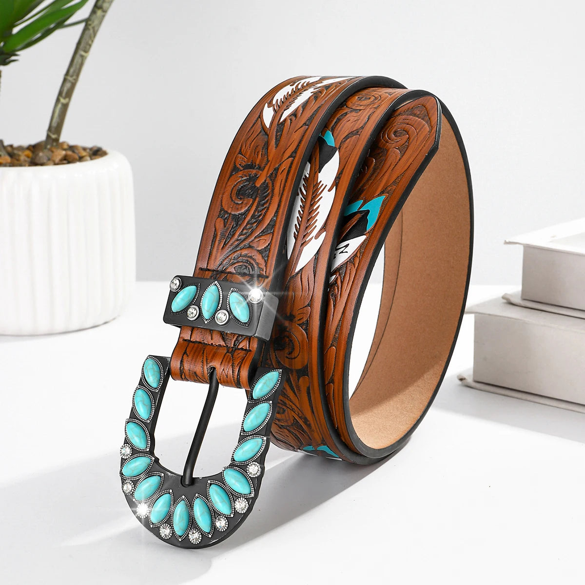 Western Spirit Embossed Belt with Turquoise Accents