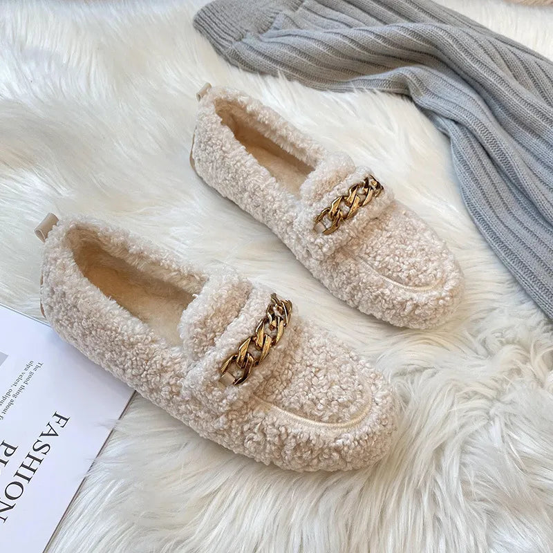 Luxurious Fleece-Lined Buckle Moccasins - Women's Cozy Autumn/Winter Loafers