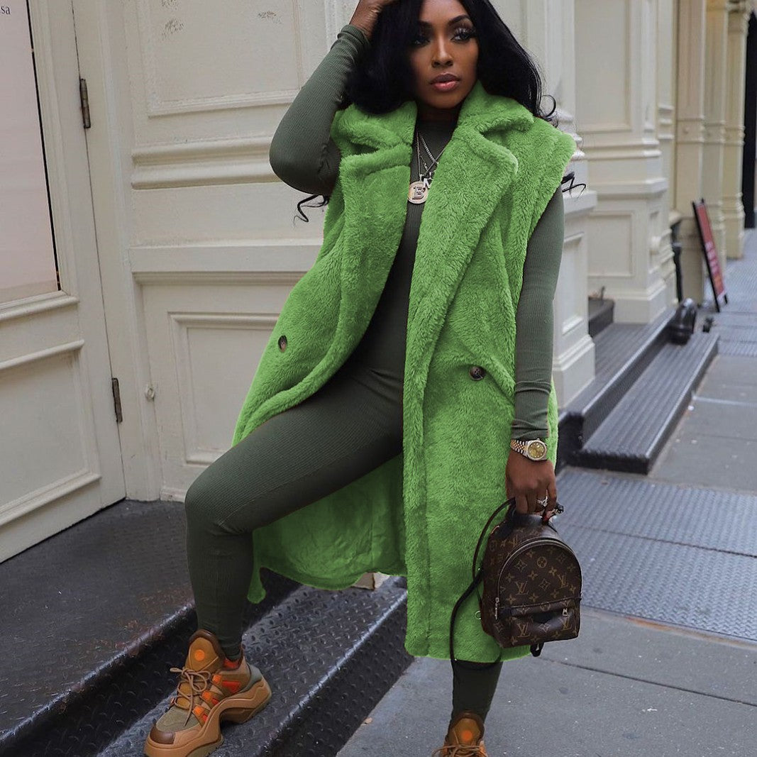 Teddy-Plush Sleeveless Vest Coat