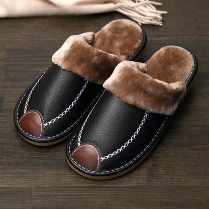 Gentleman's Retreat: Luxe Fleece-Lined PU Leather Winter Slippers