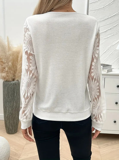 Lace-Trimmed V-Neck Long Sleeve Top